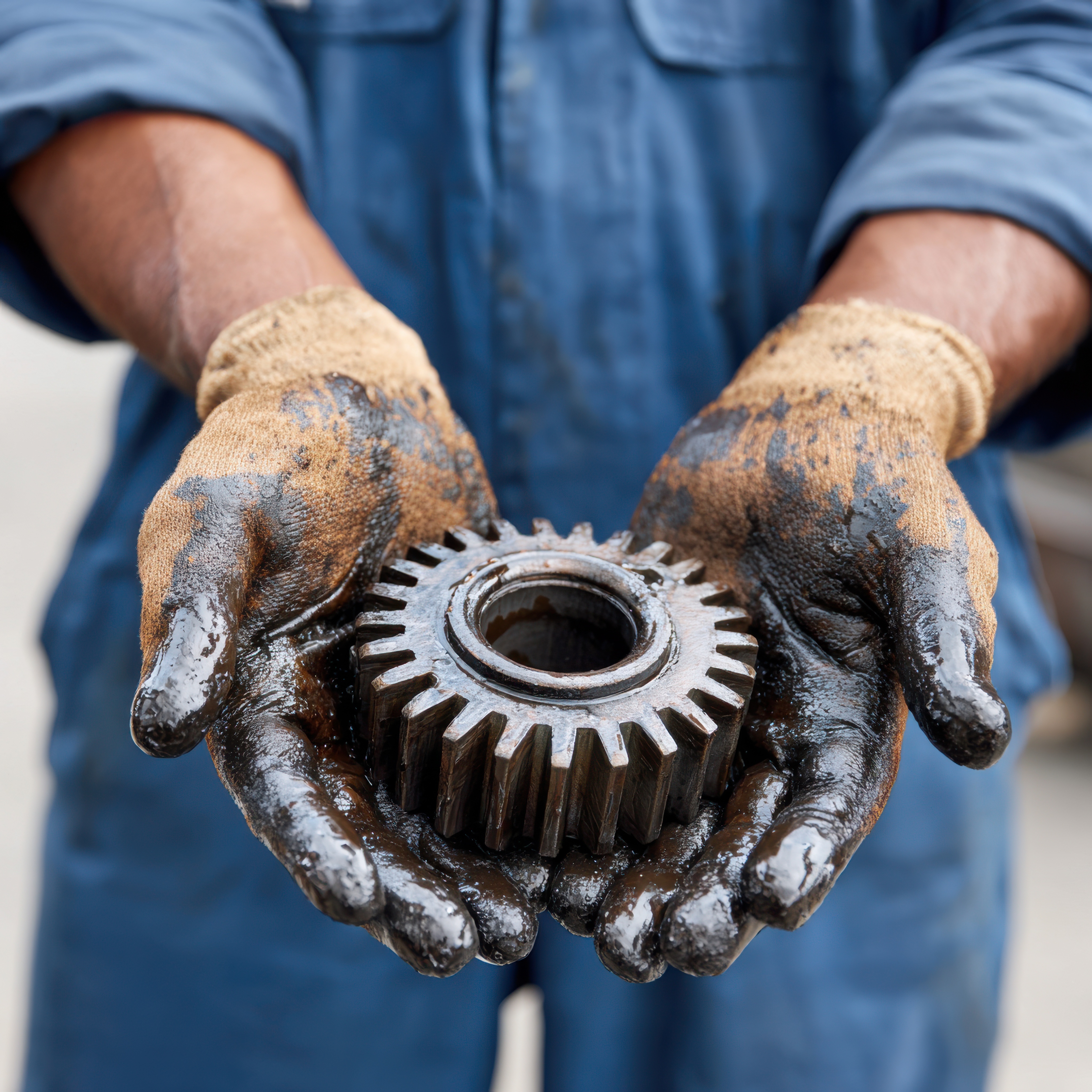 close-up of gloved hands with oil stains gripping a large metal gear, --chaos 20 --ar 1:1 --profile 6wvx22l --v 7 Job ID: e65d7af7-ae58-4ab9-b1bc-086b4ca01666