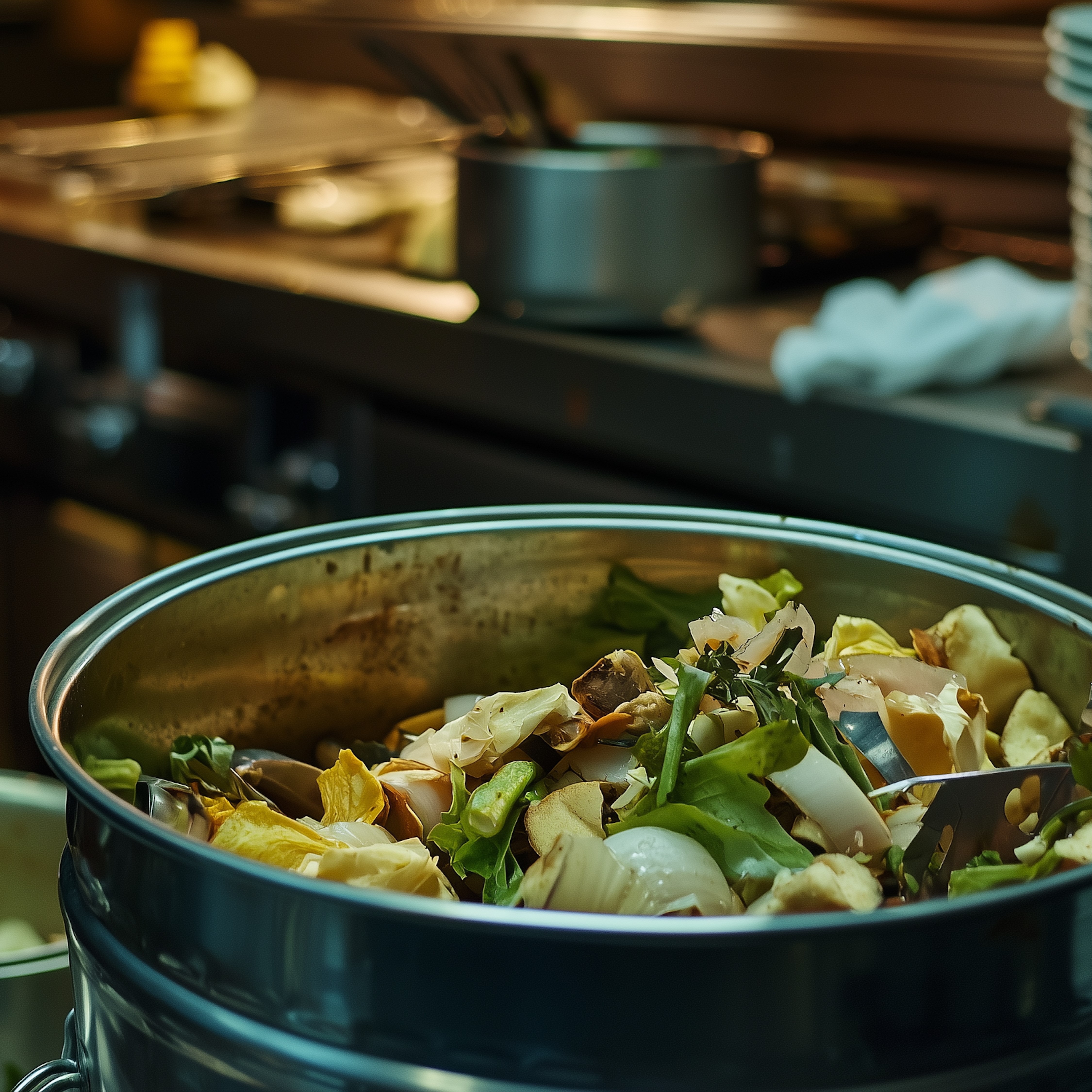 food waste in a pail at the restaurant kitchen. A realistic photo taken by Canon EOS R1 camera, Ultra HD 8K. --ar 16:9 --quality 2 --style raw --stylize 50 --v 6.1 Job ID: 473330c5-be10-4a54-a8d8-e17e9908b669