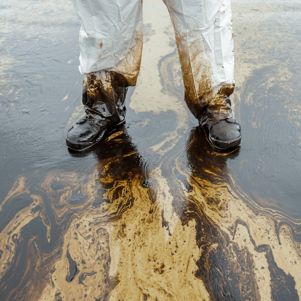 Petroleum spill mixed with other chemical substances on sea and sand surface. Pollution images, Samet Island, Thailand.