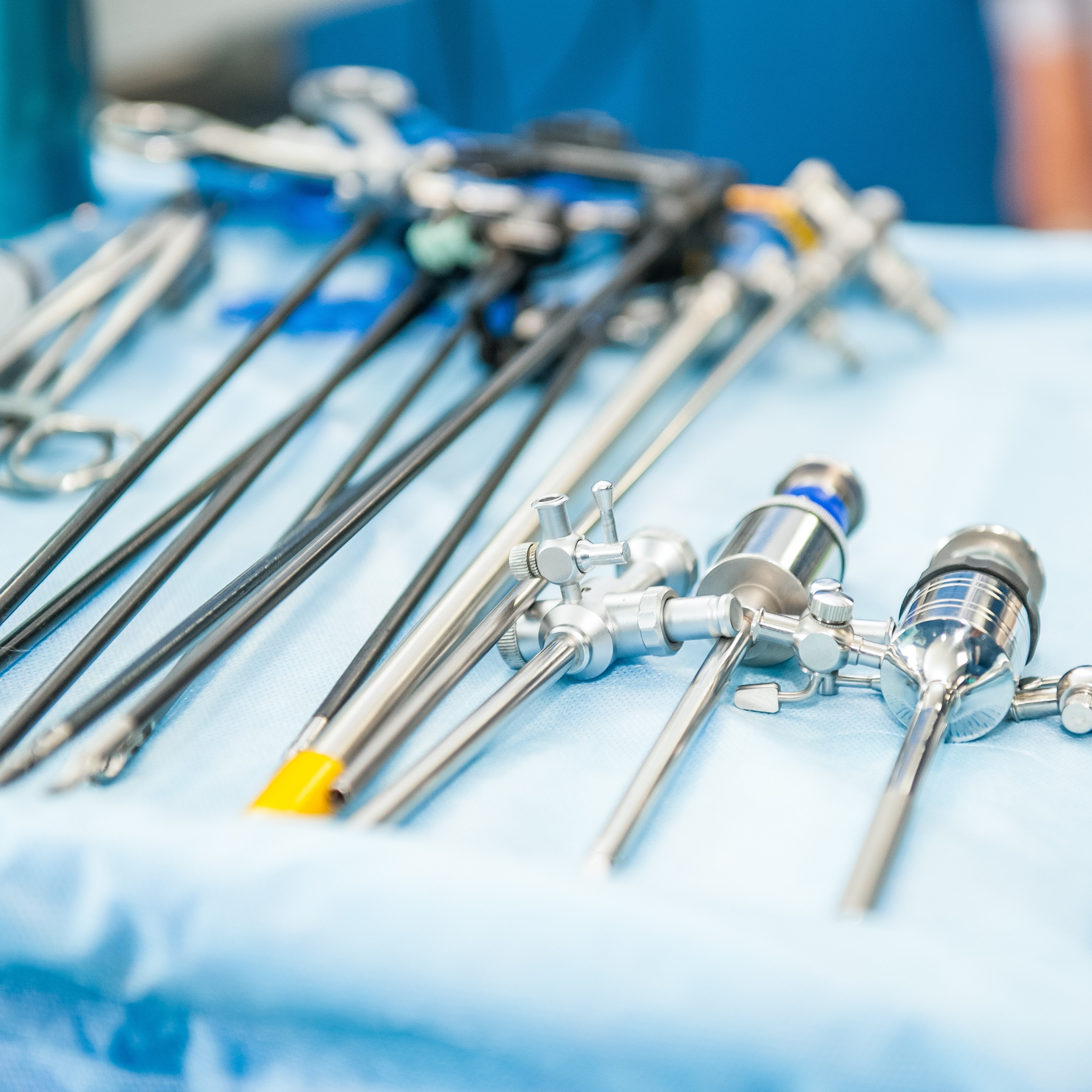 Close up steralized surgical tools for laparoscopic surgery. Selective focus