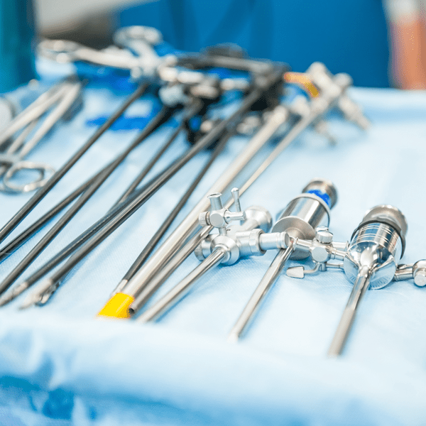 Close up steralized surgical tools for laparoscopic surgery. Selective focus