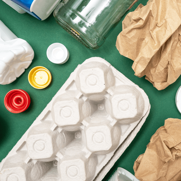 Different objects, domestic garbage arranged on green background