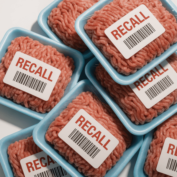 Ground Meat Products with Recall Labels on Blue Trays