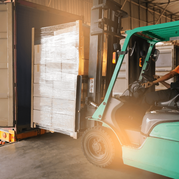 Workers Driving Forklift Tractor Loading Cargo Pallets into Container Trucks. Shipping Warehouse. Delivery Service Shipment Boxes. Supply Chain Goods. Warehouse Cargo Logistics Transport.