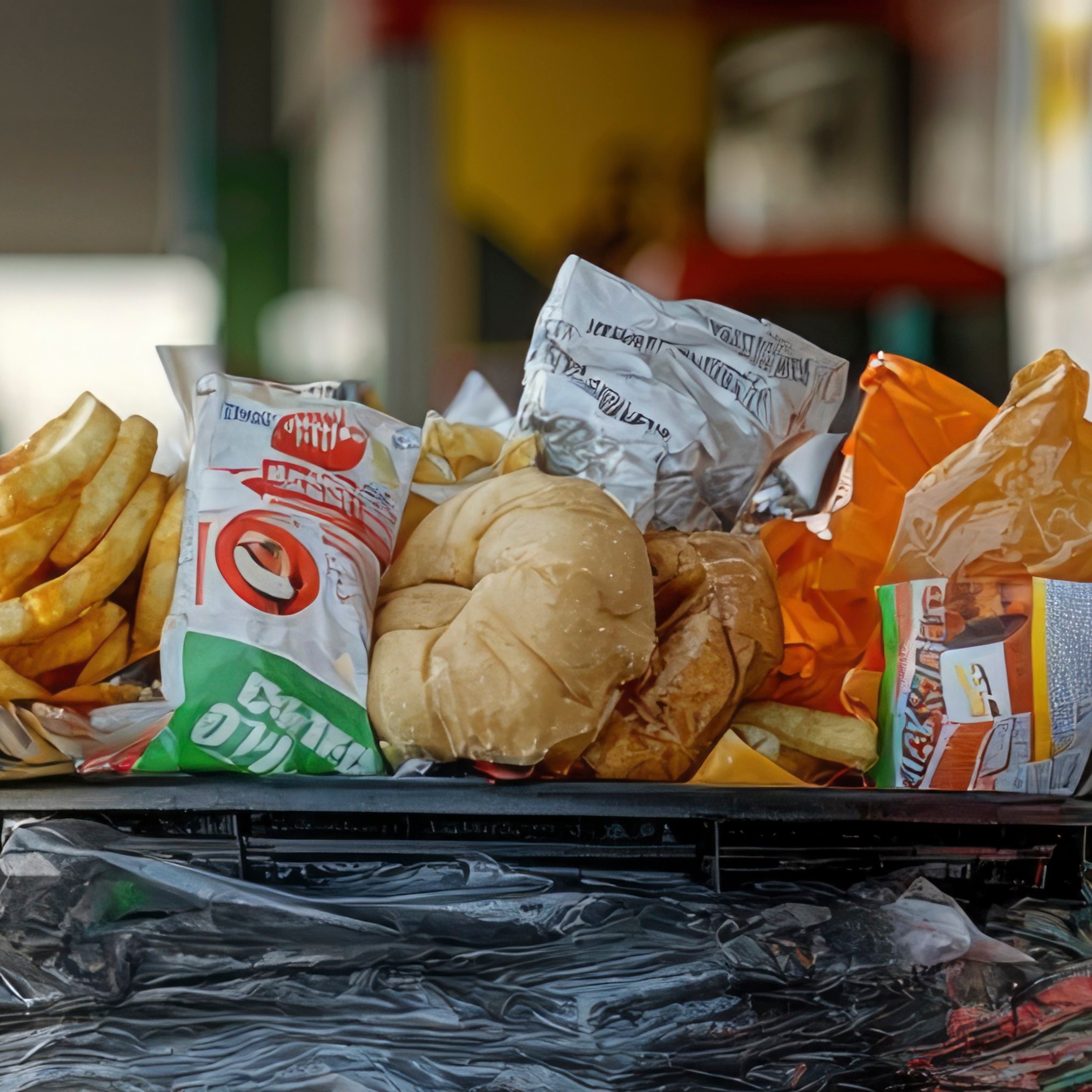 Overflowing Trash Can With Food Waste Near a Vending Machine