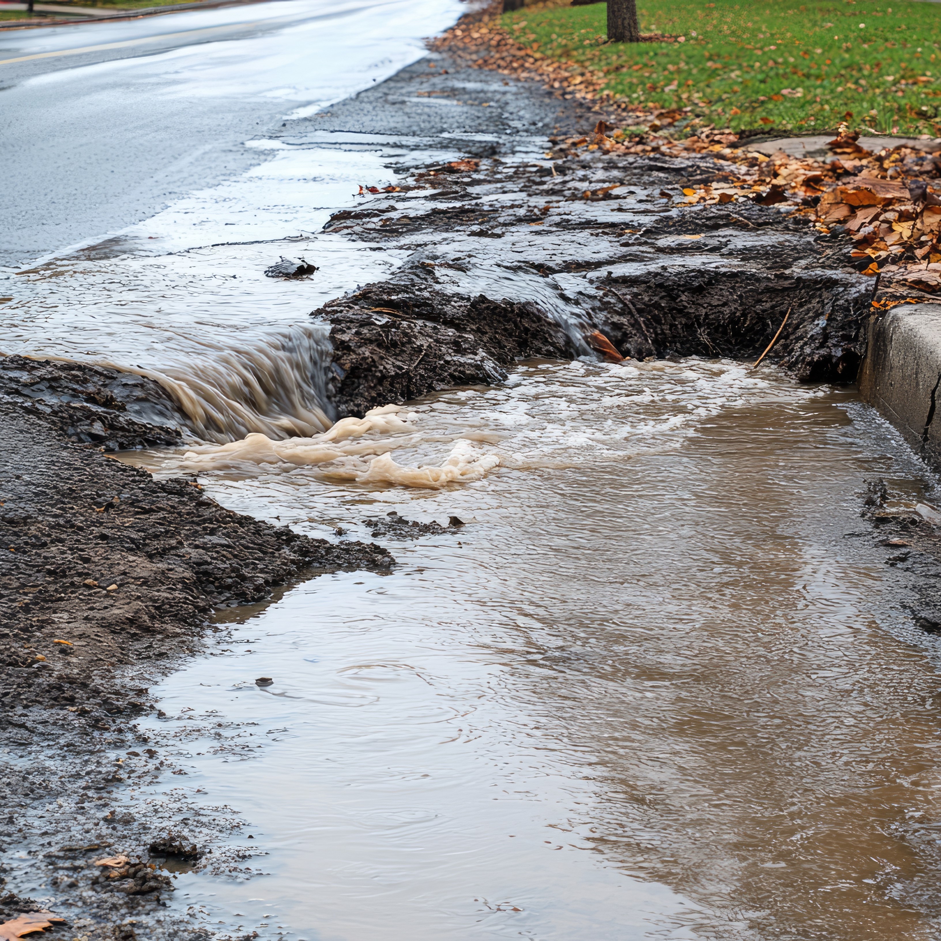 Overflowing manhole spilling wastewater onto a poorly drained street