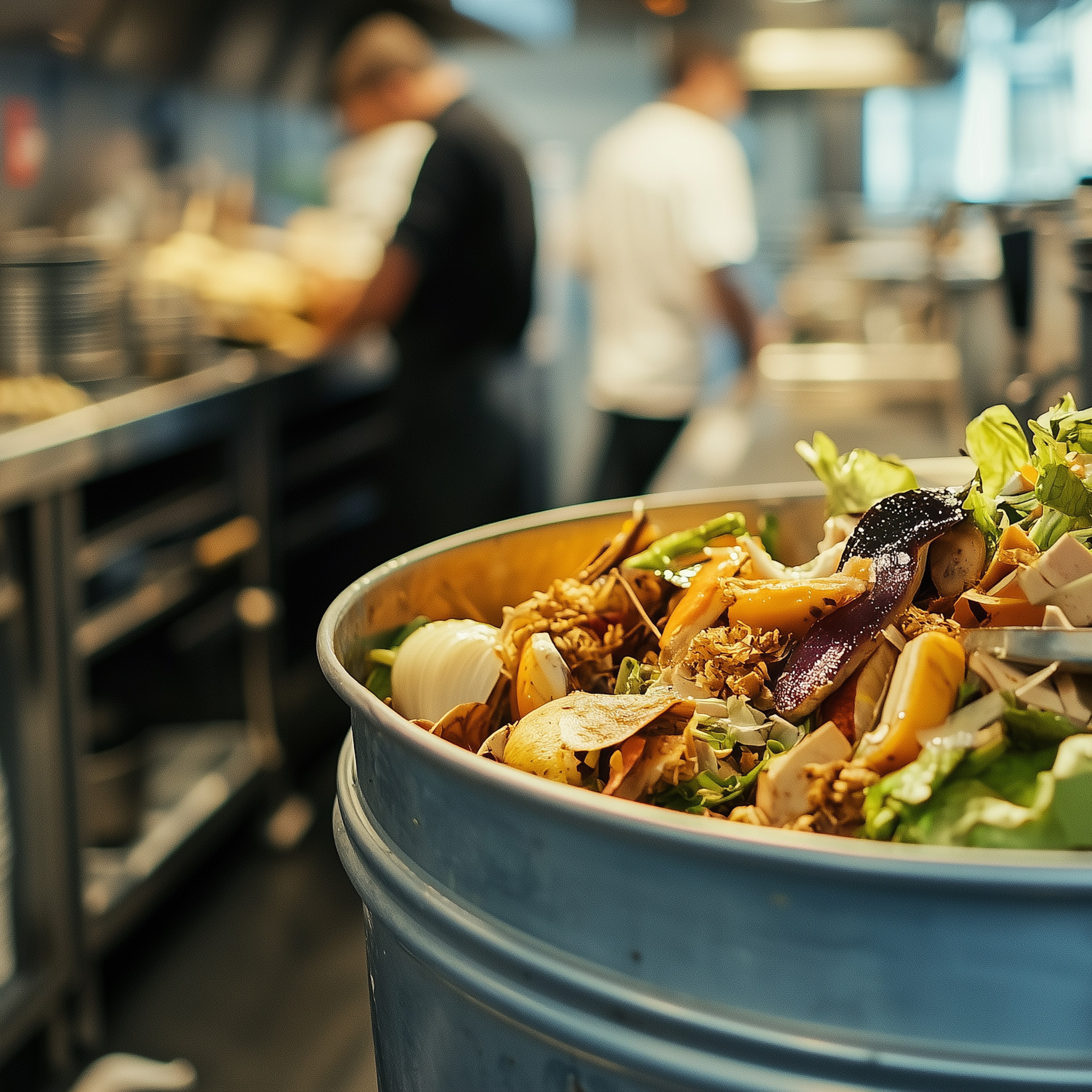 food waste in a pail at the restaurant kitchen. A realistic photo taken by Canon EOS R1 camera, Ultra HD 8K. --ar 16:9 --quality 2 --style raw --stylize 50 --v 6.1 Job ID: c5d81215-7d45-4f2d-bf41-6601f135bf62
