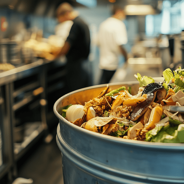 food waste in a pail at the restaurant kitchen. A realistic photo taken by Canon EOS R1 camera, Ultra HD 8K. --ar 16:9 --quality 2 --style raw --stylize 50 --v 6.1 Job ID: c5d81215-7d45-4f2d-bf41-6601f135bf62
