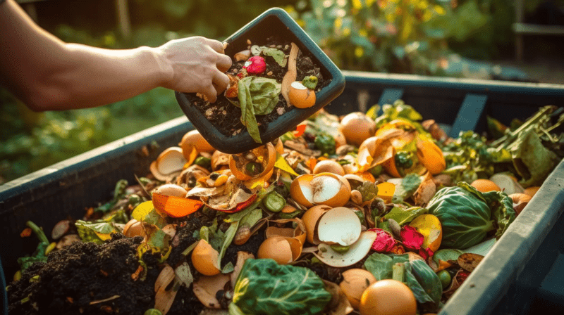 Close-up of a person's hand emptying a container of food scraps into a compost bin during a warm sunset