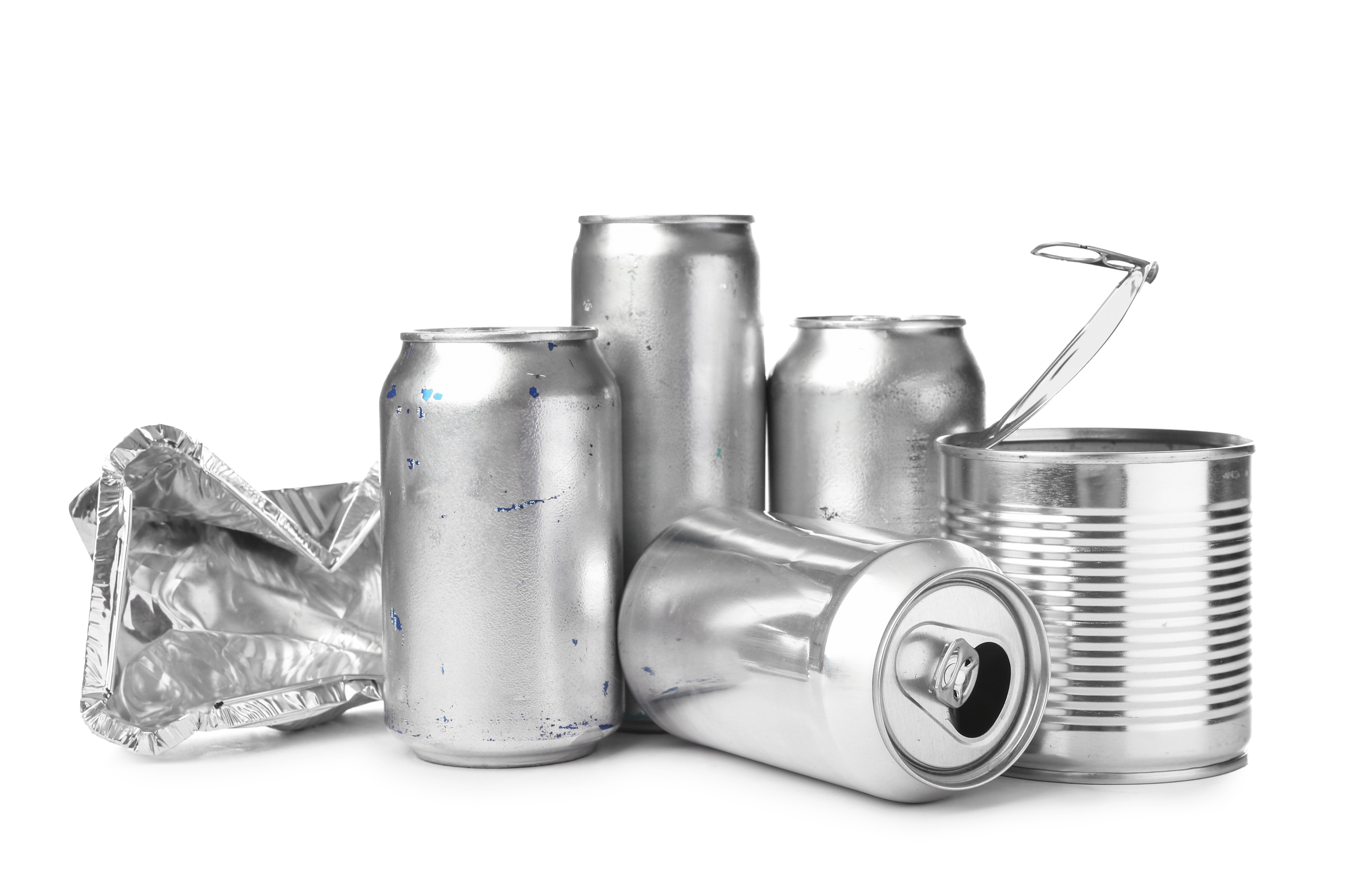 Different metal garbage on white background. Recycling concept