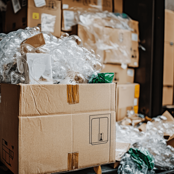Cardboard boxes filled with bubble wrap and packaging materials in a warehouse during daylight hours
