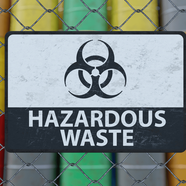 Hazardous waste sign on chain link fence. Oil barrels in background. 3D rendered illustration.