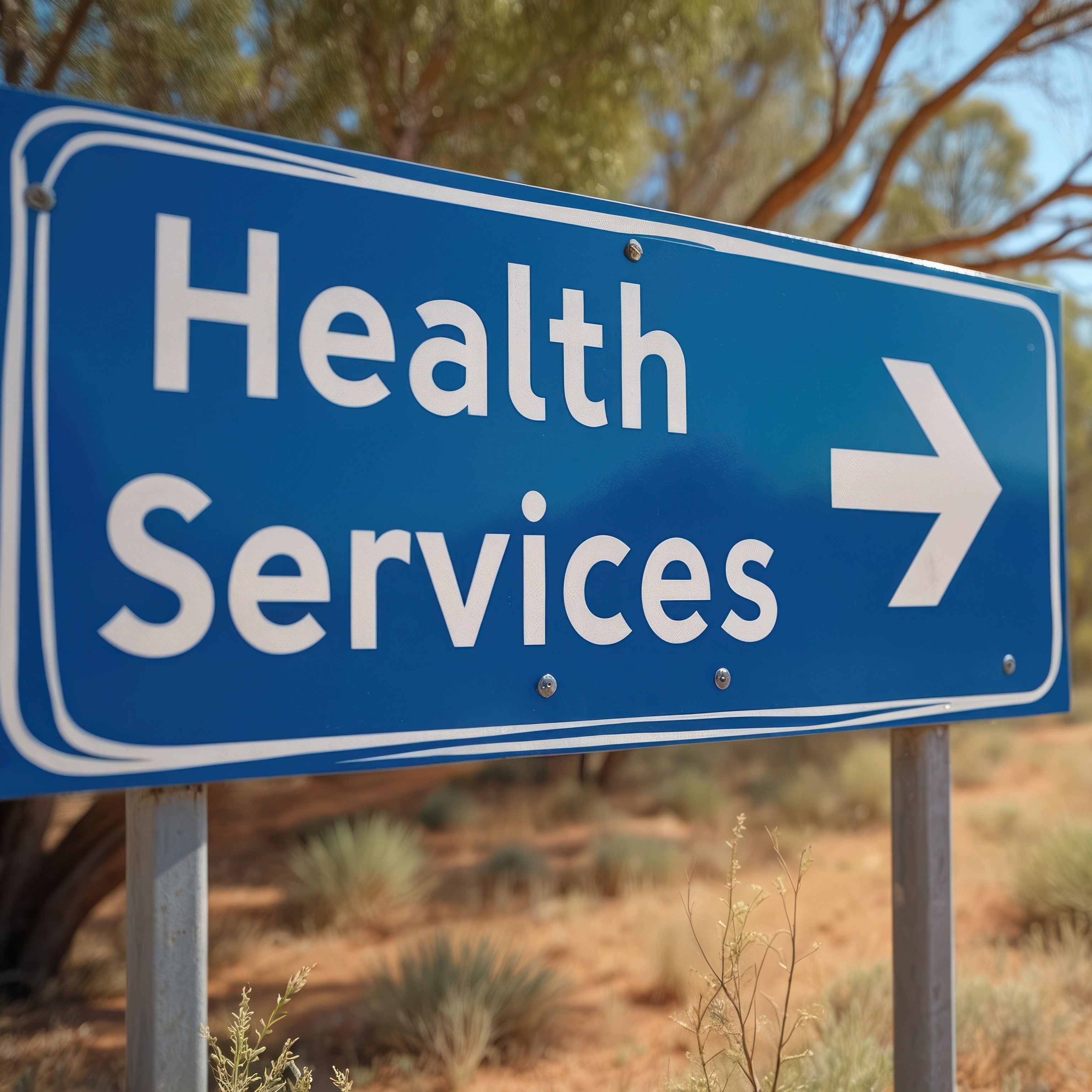 Road sign indicates direction to health services in rural Outback of Western Australia. Blue sign with white arrow informs drivers about medical care availability, hospital clinic near Australian