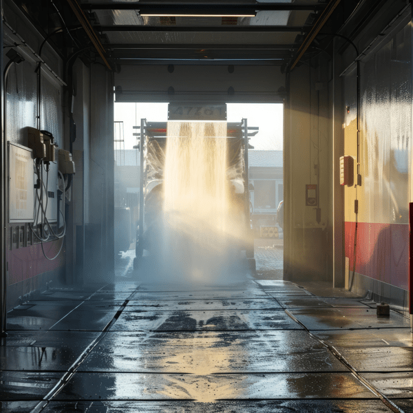 Truck washing process in automated washing bay with water spray