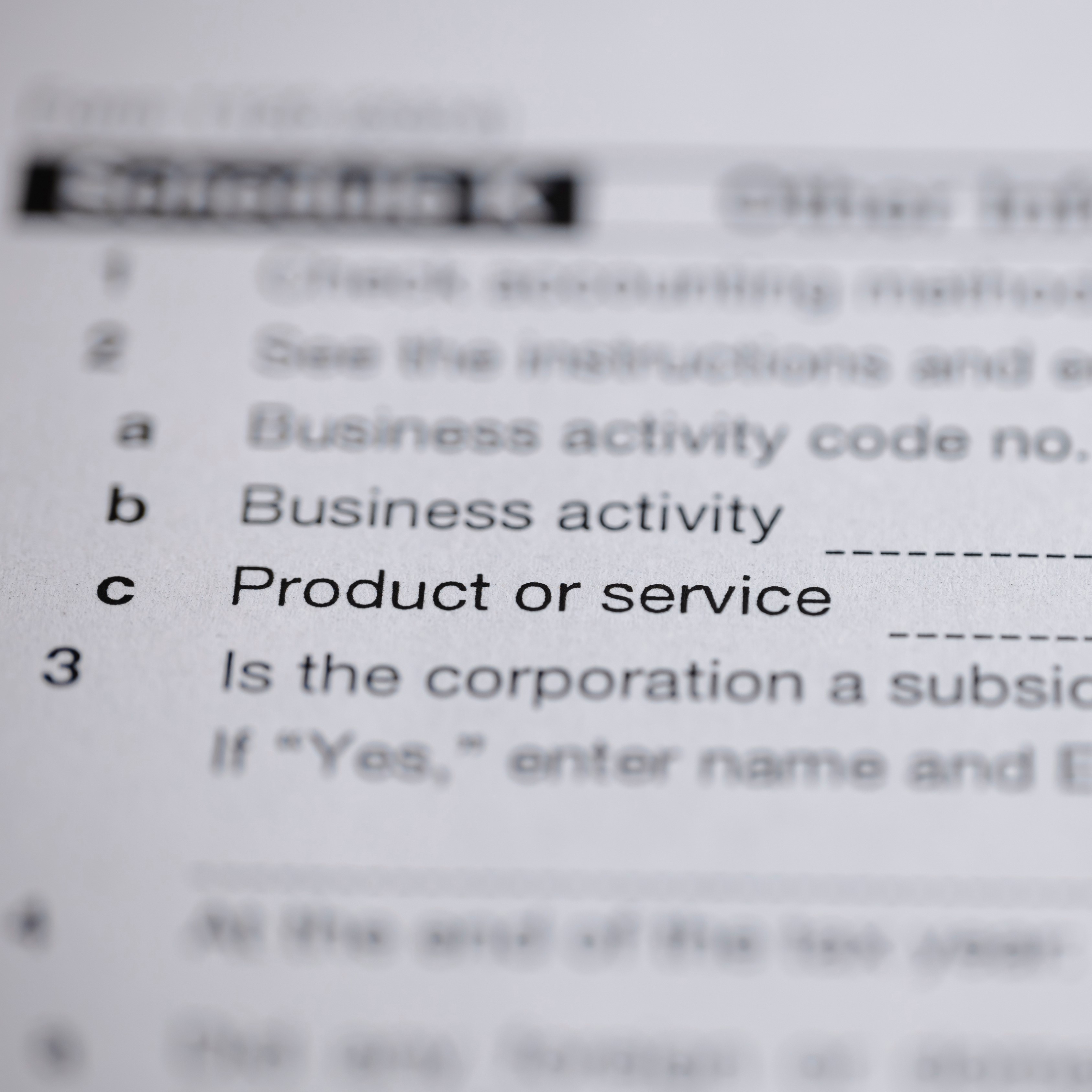 Filling out official form with fields for 'Business activity code no.', 'Business activity', and 'Product or service'. Details visible on a white document.