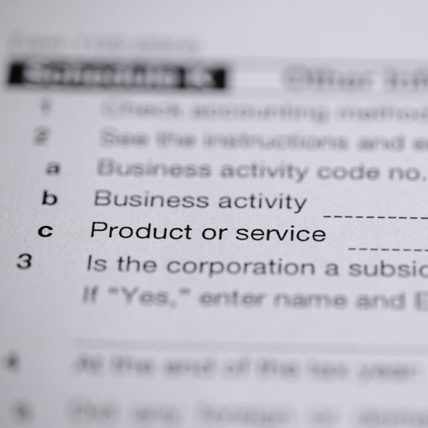 Filling out official form with fields for 'Business activity code no.', 'Business activity', and 'Product or service'. Details visible on a white document.
