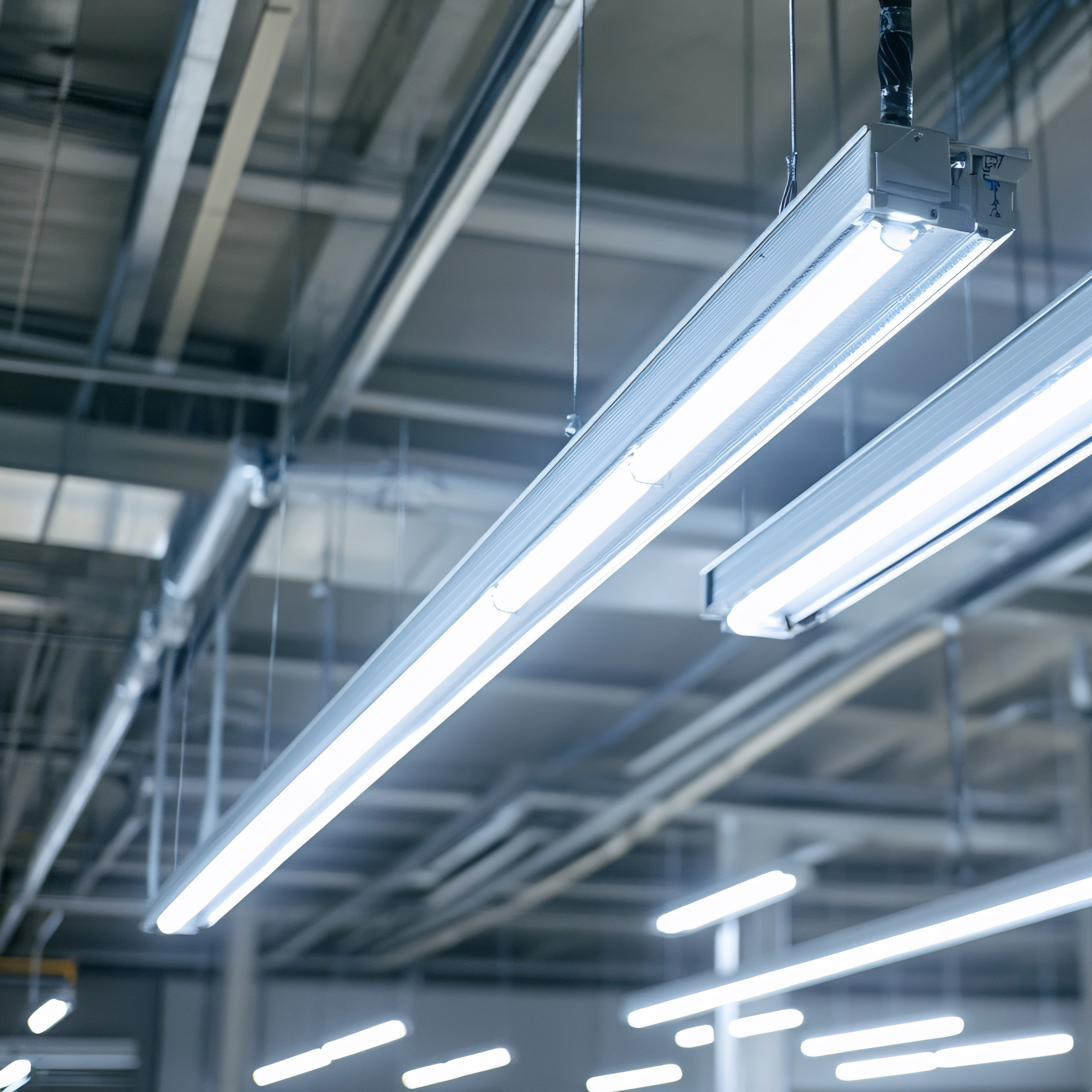 Fluorescent lights illuminate a ceiling in an industrial or commercial building.