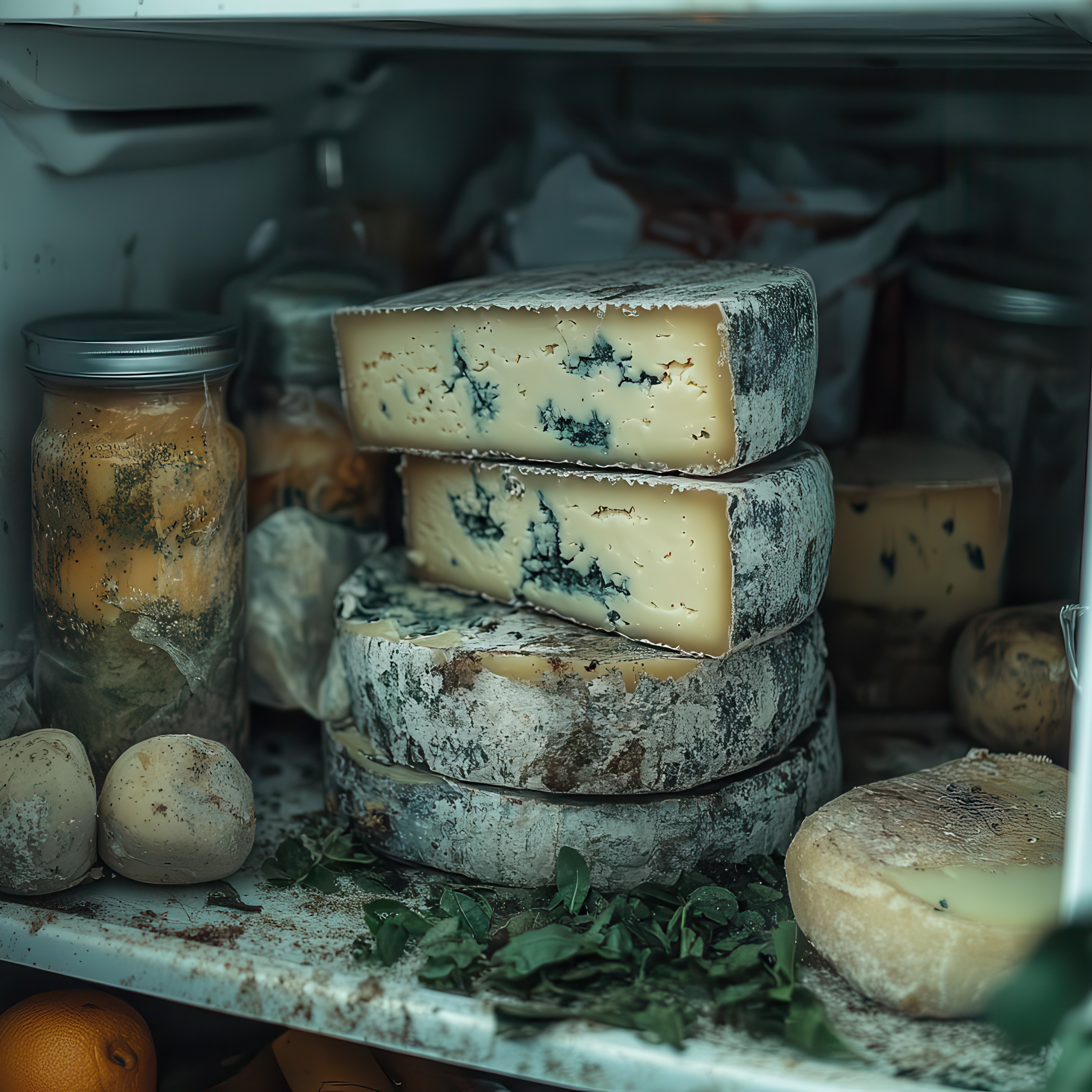 A close-up of moldy cheese in a fridge, surrounded by uncovered items, highlights food spoilage and the importance of proper storage practices.