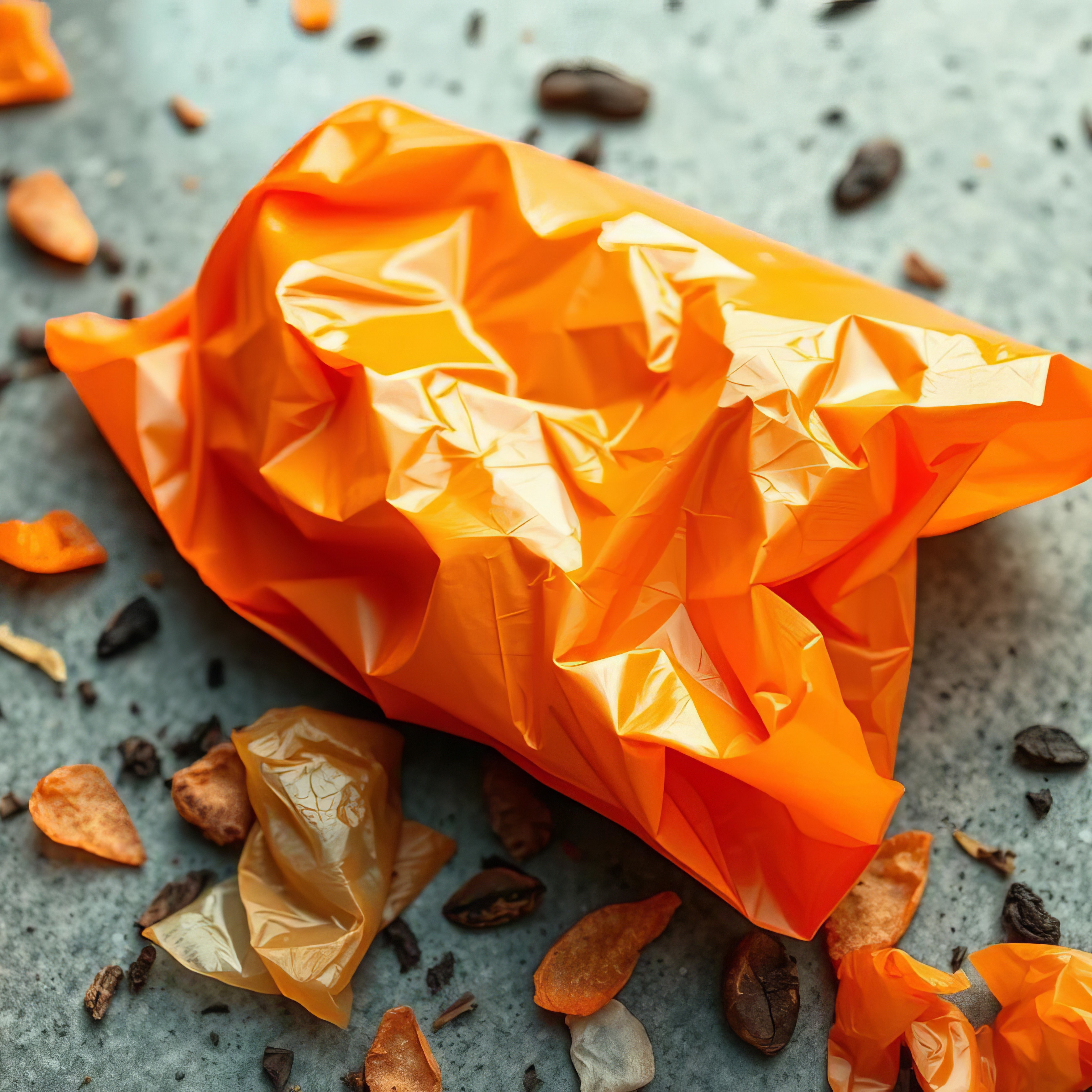 Orange plastic chip bag trash, crumpled and discarded , empty bag, bag