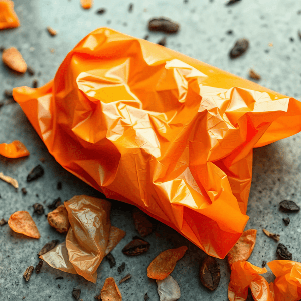 Orange plastic chip bag trash, crumpled and discarded , empty bag, bag