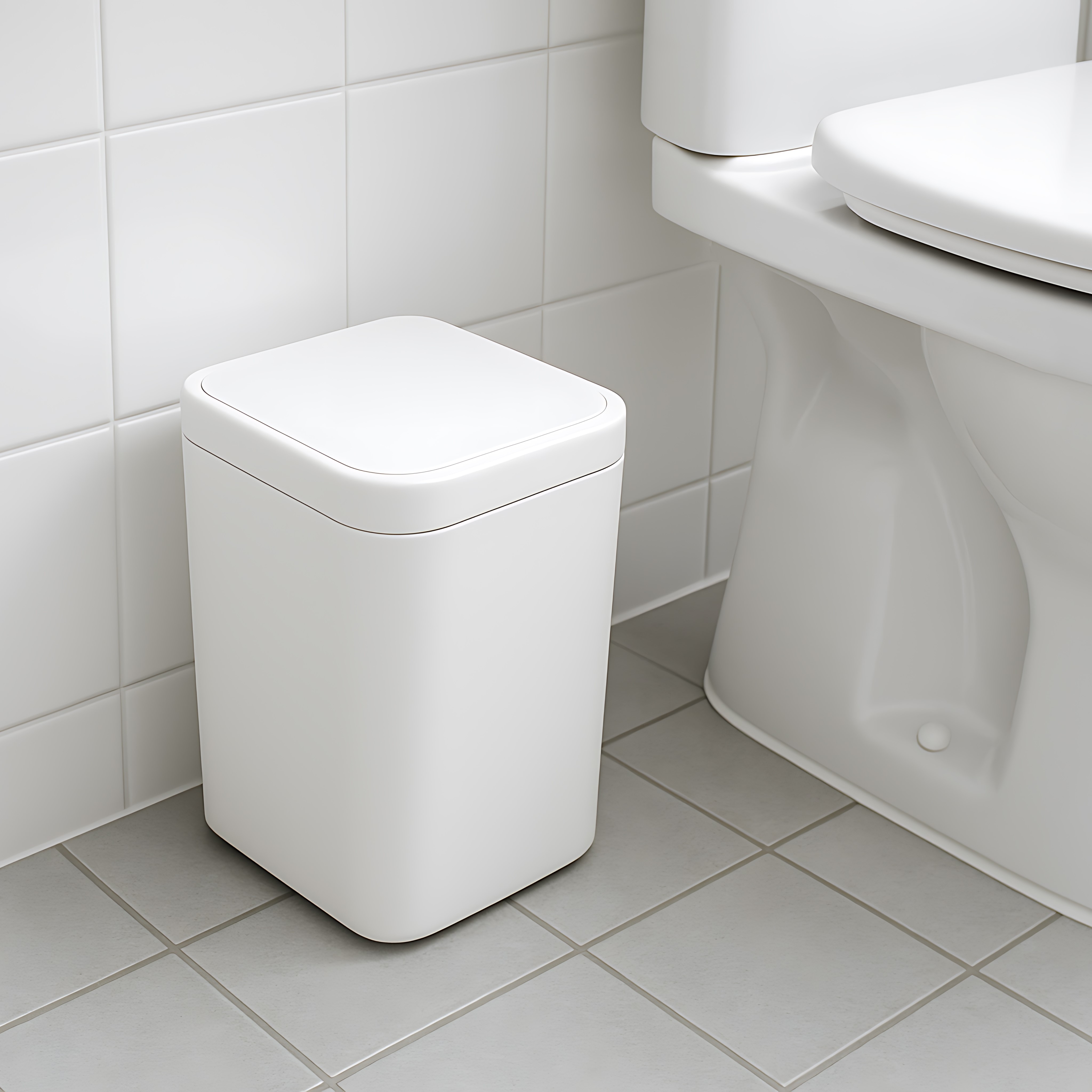 Empty white bathroom trash bin beside toilet on tiled floor