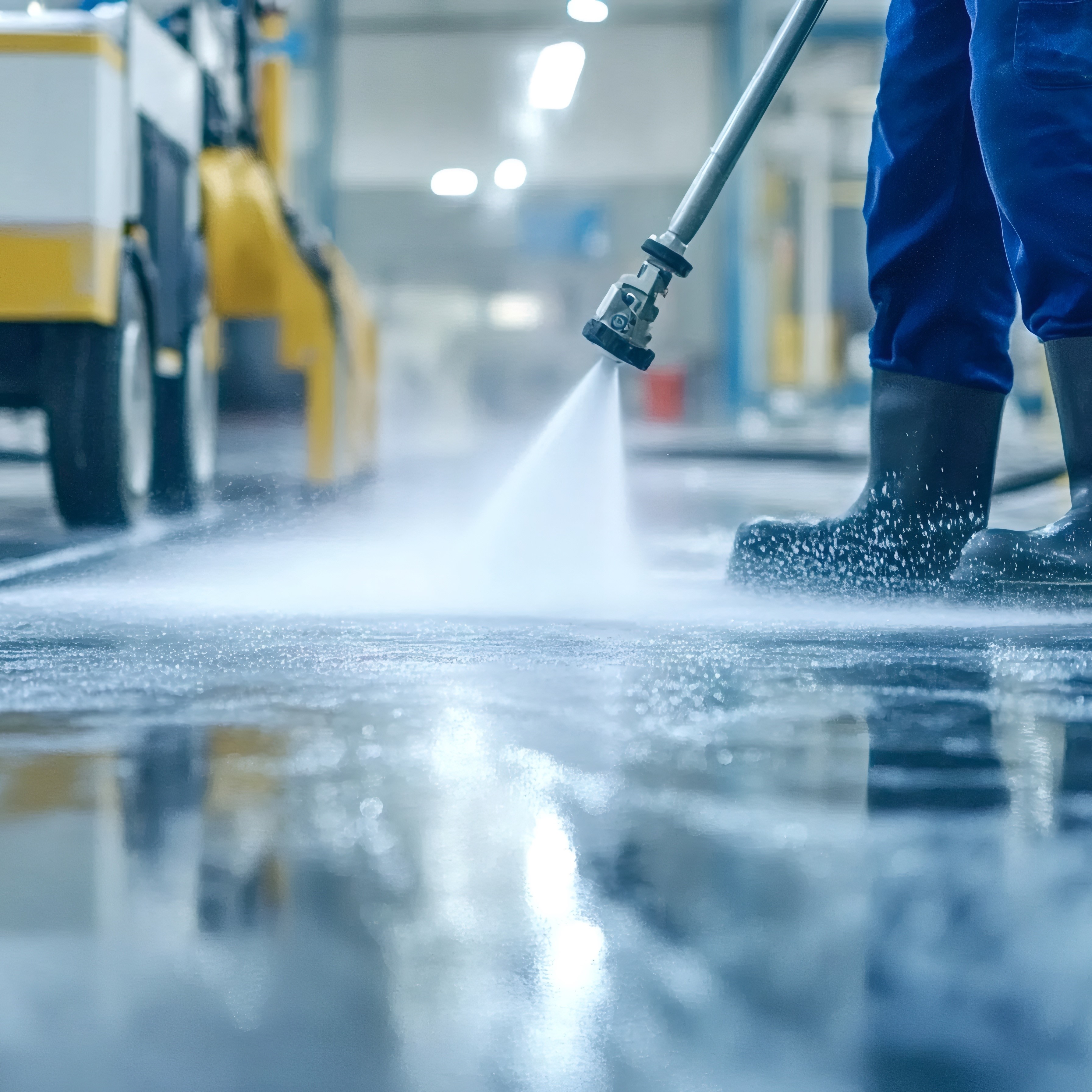 Cleaning staff member wearing safety boots using high pressure washer for cleaning concrete floor in large industrial building, creating foam and splashing water